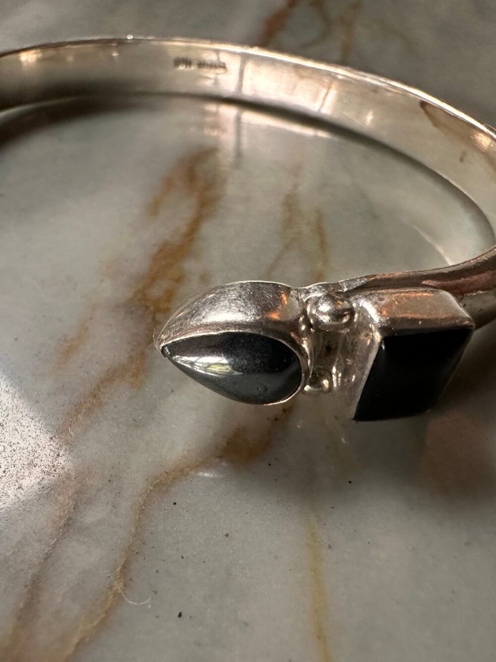 Mexican 925 Sterling Silver Open Cuff Bracelet Black Onyx Hematite